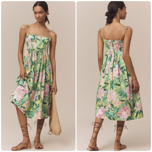 FARM Rio Dresses & Skirts - FARM Rio Linen Blend Tie-Strap Sweetheart Babydoll Midi Dress Size XS NEW